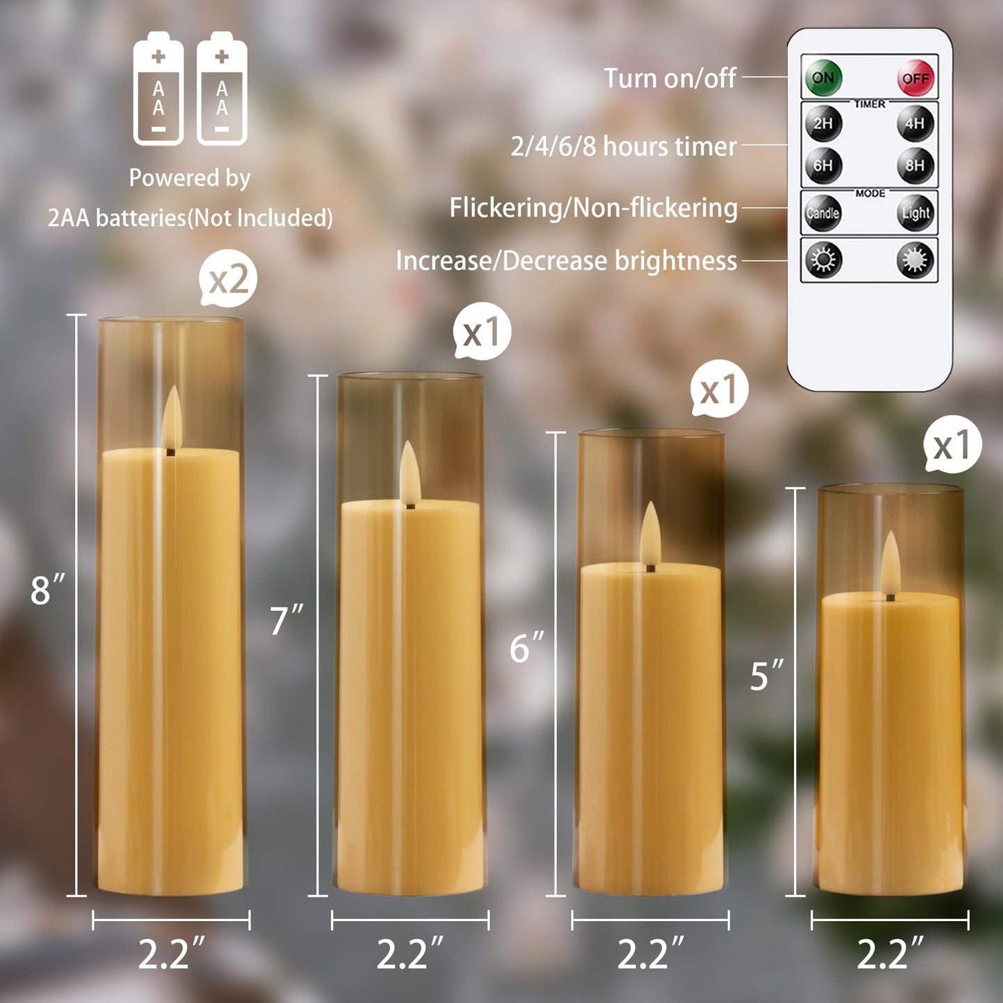 Yeelida Acrylic Flameless Flickering Candles with Remote Control and Timer, Battery Operated LED Fake 2.2" x 5",6",7",8",8" Plastic Pillar Candles for Home Decor(Long-Lasting, Gold)
