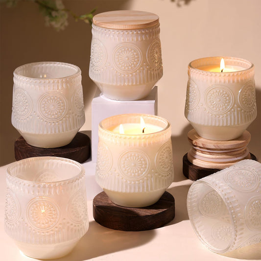 LAMORGIFT 6 Pack Milky White Candle Jars for Making Candles- Large 13.5oz Glass Jars with Wooden Lids and Labels, Empty Candle Jars, Candle Containers Vessels for Candle Making Supplies