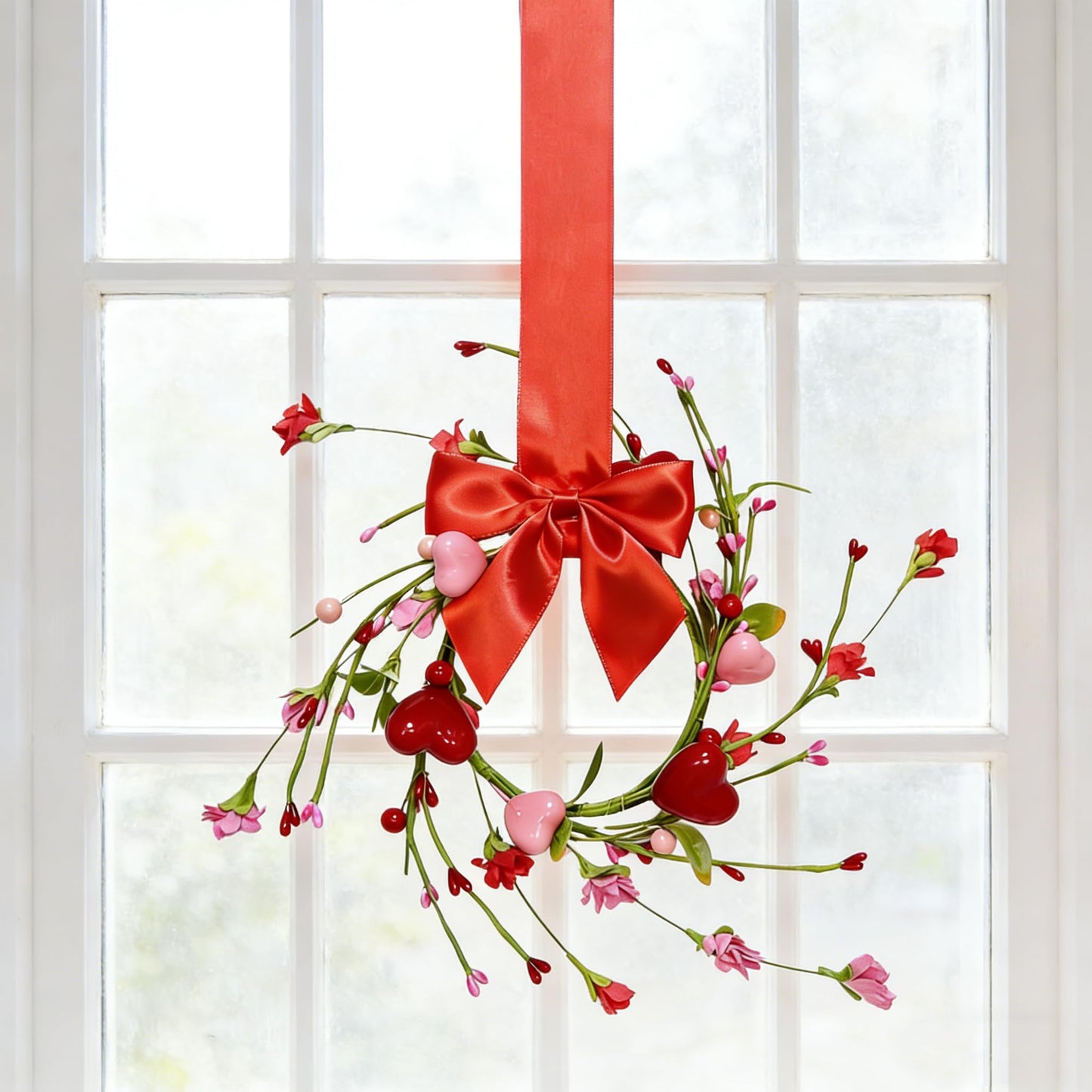 2 Pcs 10" Mini Valentine Candle Rings Wreath for Front Door Small Valentine's Day Red Heart Berry with Forsythia Flowers Decor for Kitchen Cabinet Porch Wall Window Chai (Pink)