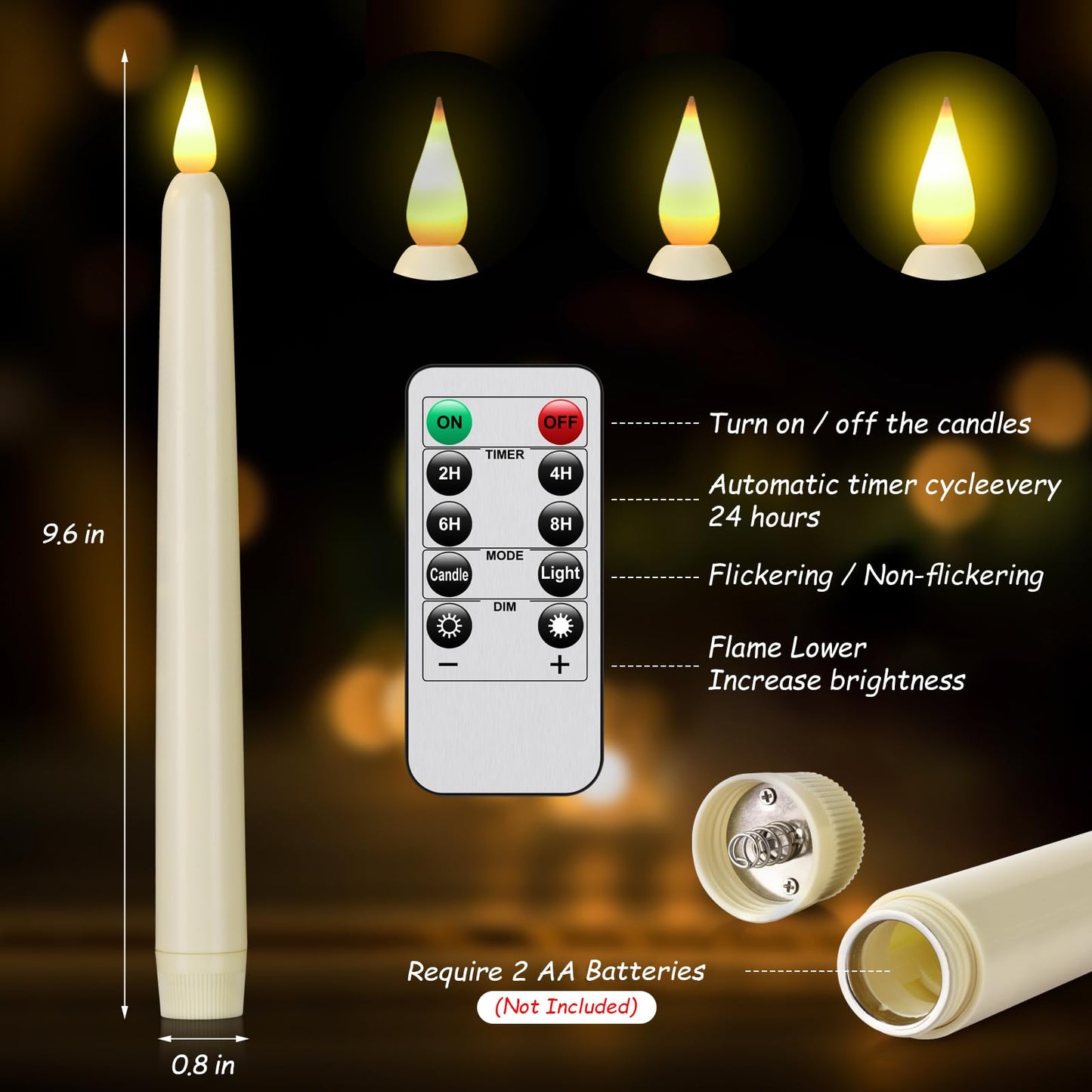 Flameless Taper Candles with Remote Control and Timer, Battery Operated LED Candlesticks with Flickering 3D Flame, 9.6×0.8 Inches Plastic Fake Candles for Christmas, Wedding and Home Decor (Ivory, 15)