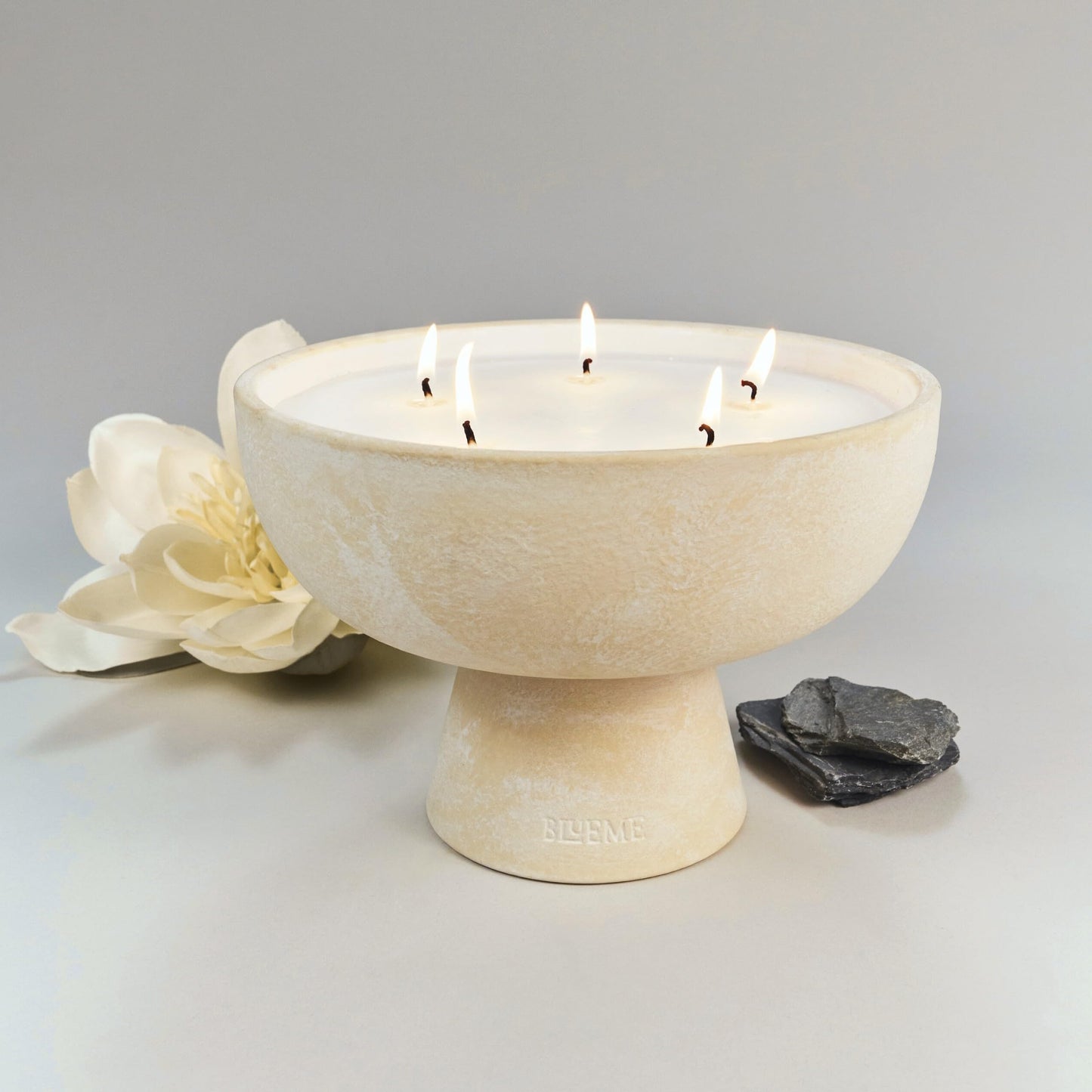Blueme Balance Candle | White Lotus & Tea | 5 Wick - Refillable Wellness Candle with Essential Oils, Hand Finished & Poured Soy Wax Blend Ceramic Vessel, Natural Cotton Wicks | Giant 45 oz