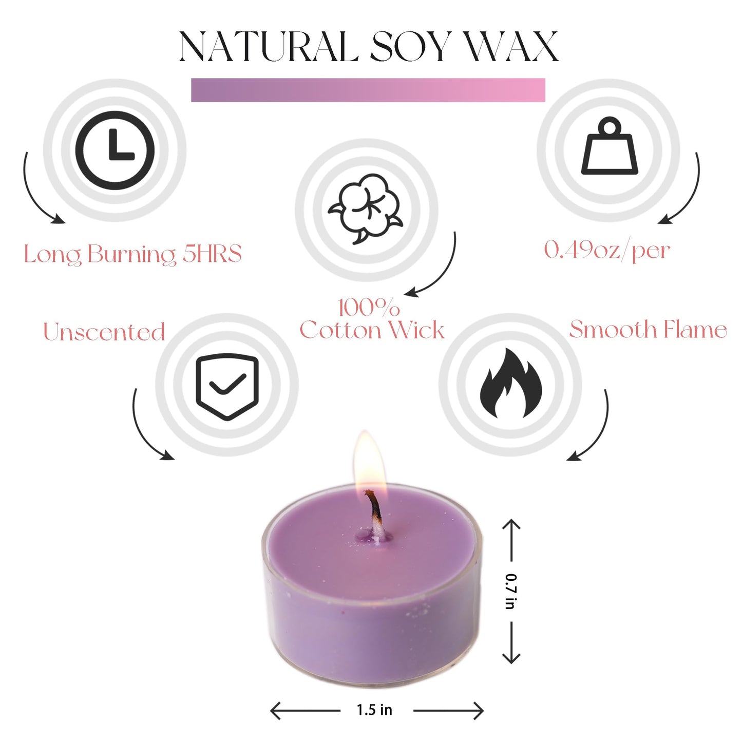 MUUFAZA 12 Unscented Natural Soy Tealight Candles in Clear Cups, 5H Long Clean Burning, Hand-Poured Purple Mini Tea Candle Set for Parties, Spa, Meditation, Gift, Holiday, Emergency, Home Decor