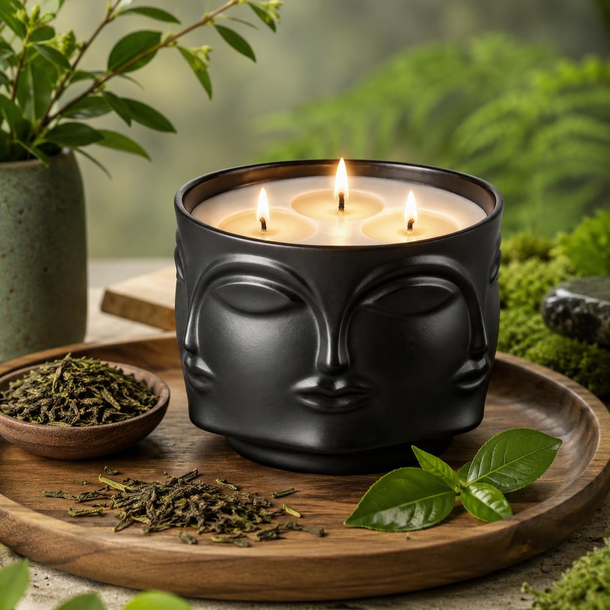 Viyffo 20oz Large Scented Candle - Forest Green Tea, 3 Wick Non Toxic Soy Candles for Women & Men, Unique Funny Matte Black Ceramic Jar, Luxury Home Fragrance, Room Art Décor & Premium Birthday Gift