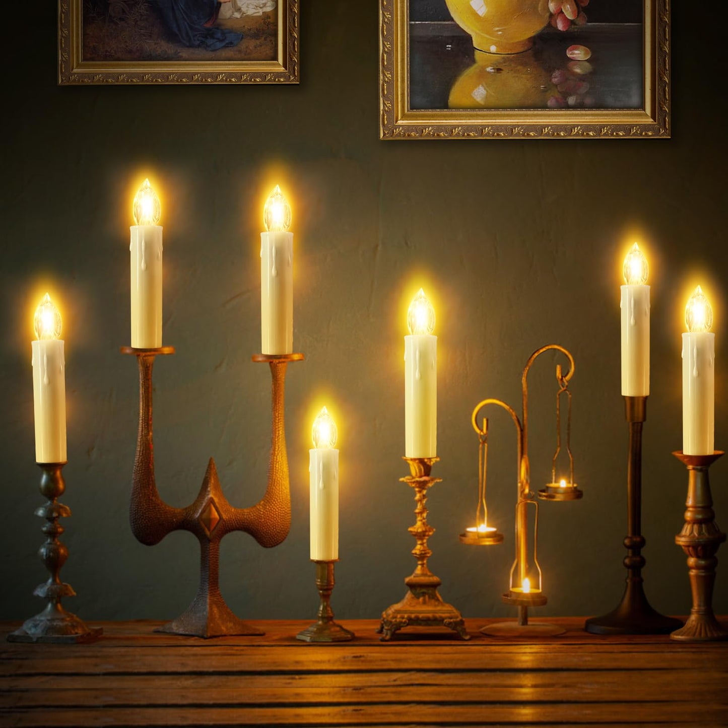 JOSU Flameless Christmas Trees Candles, 12Pcs Led Flickering Lights Battery Operated Candlesticks with Remote Timer/Clips, Warm White Window Taper Candles for Home Wedding Halloween Birthday Decor