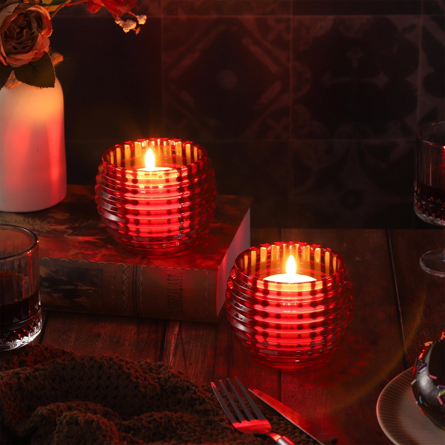 TkoYuHm 2 Pack Red Glass Votive Candle Holders for Home Decor Round Bubble Tea Light Holder for Valentine’s Day Table Centerpiece Wedding