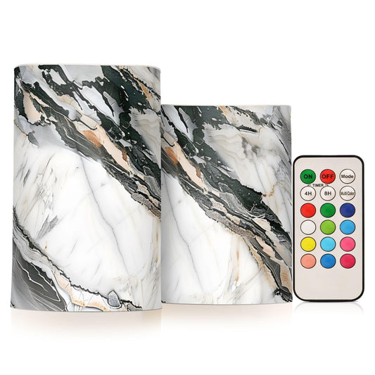 ALAZA Marble White Gray Marble Flameless Candles Flickering LED Candles with Remote Timer Battery Operated Pillar Candles Set of 2 for Dinner Holiday Decor