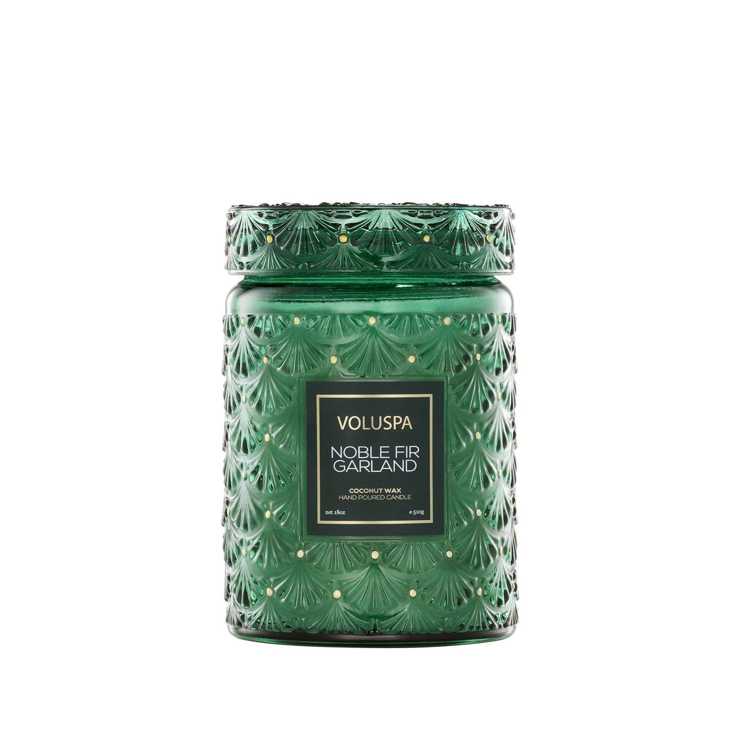 Voluspa Noble Fir Garland, Large Candle Jar, 18oz, Coconut Wax Blend, Scented Candles for Home, 100 Hour Burn Time, Poured in the USA