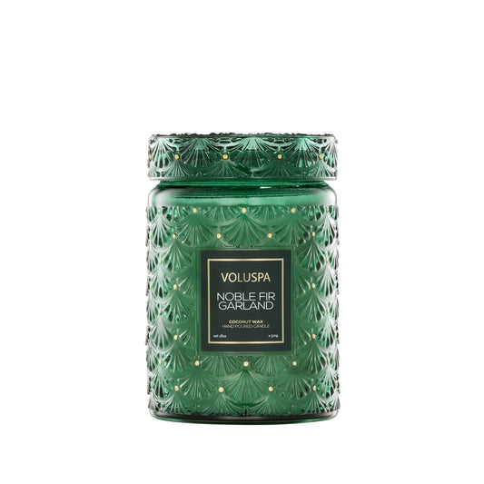 Voluspa Noble Fir Garland, Large Candle Jar, 18oz, Coconut Wax Blend, Scented Candles for Home, 100 Hour Burn Time, Poured in the USA