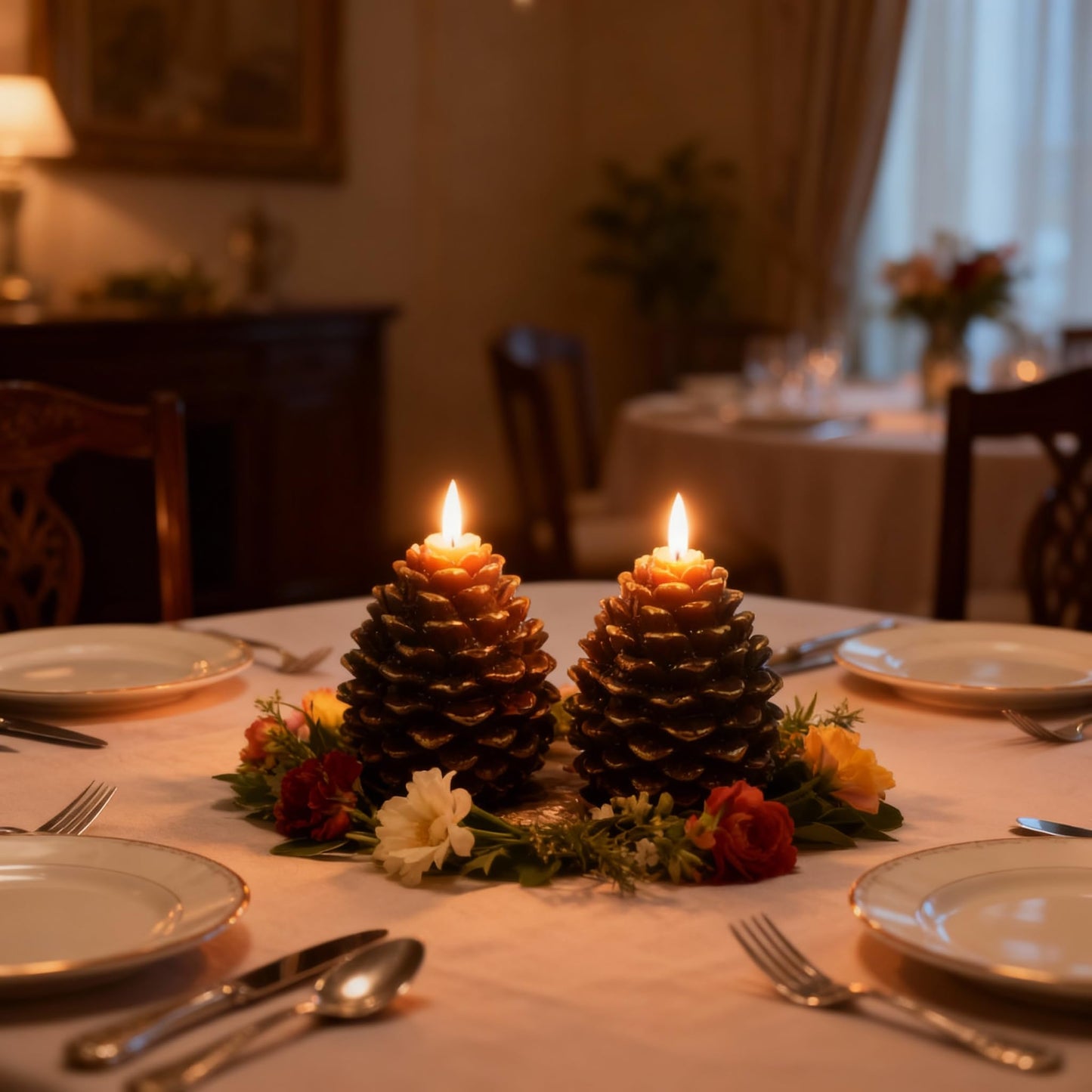 Pansyling 2pcs Flameless Pinecone Candles with Remote, Battery Operated Pine Cone Candles Real Wax Winter Decor, Flickering LED Christmas Decoration, D3.5 x H5 Inch, Brown & Gold Trim