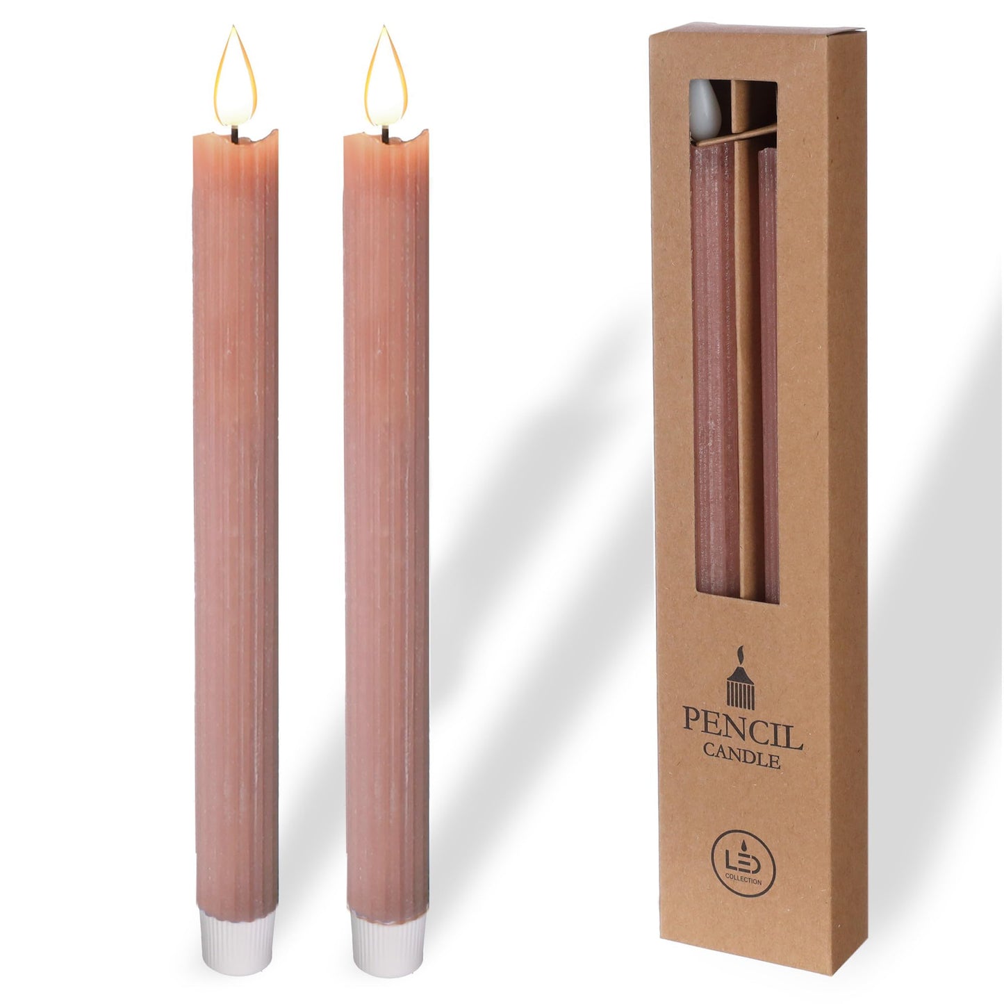comforder Flameless Taper Candles – Flickering LED Flame with 6H Timer – Real Wax, Ribbed Design – Battery Operated Set of 2 – 10" Tall (Mauve)