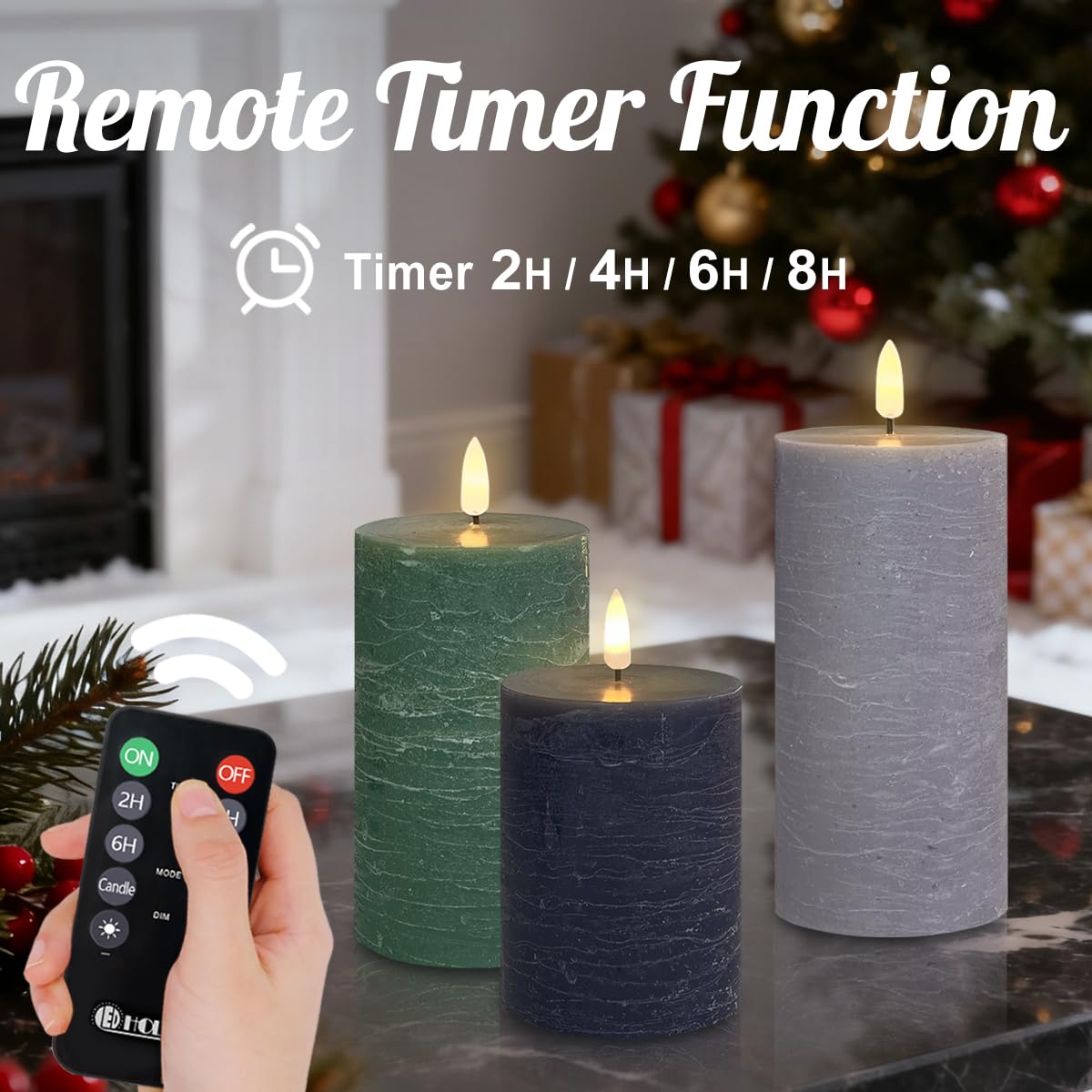 LEDHOLYT Rechargeable Flameless LED Pillar Candles–Luminous Real Wax Indoor Home Decor–Set of 3, Realistic Flickering LED Flame,Remote & Timer, USB-Rechargeable（Verdant & Ash Tones）