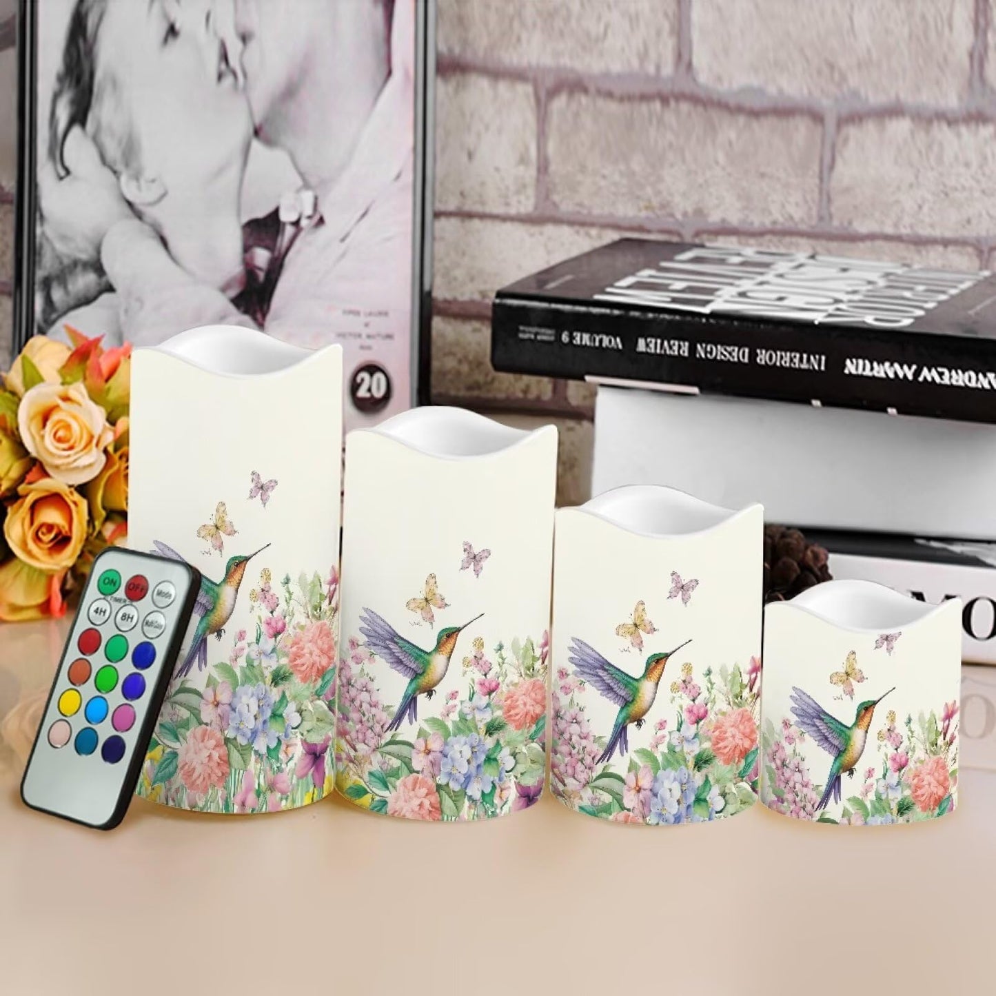 Cozeyat Bird Bloom Birthday Party Flameless Candles 4 Pack Battery Operated LED Pillar Candles with Remote Timer Waterproof Flickering for Home Table Decor