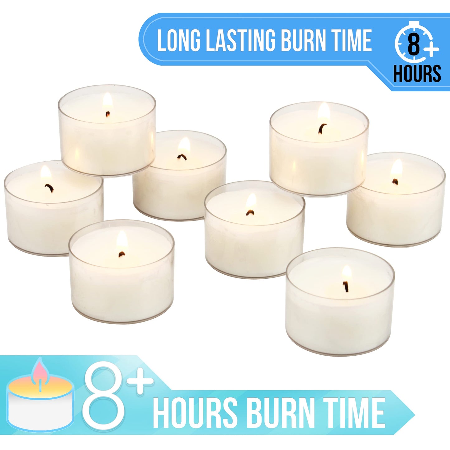 Stonebriar Bulk 96 Unscented Smokeless Long Burning Clear Cup Tea Light Candles with 8 Hour Extended Burn Time (Pack of 6, 576 Count Total)