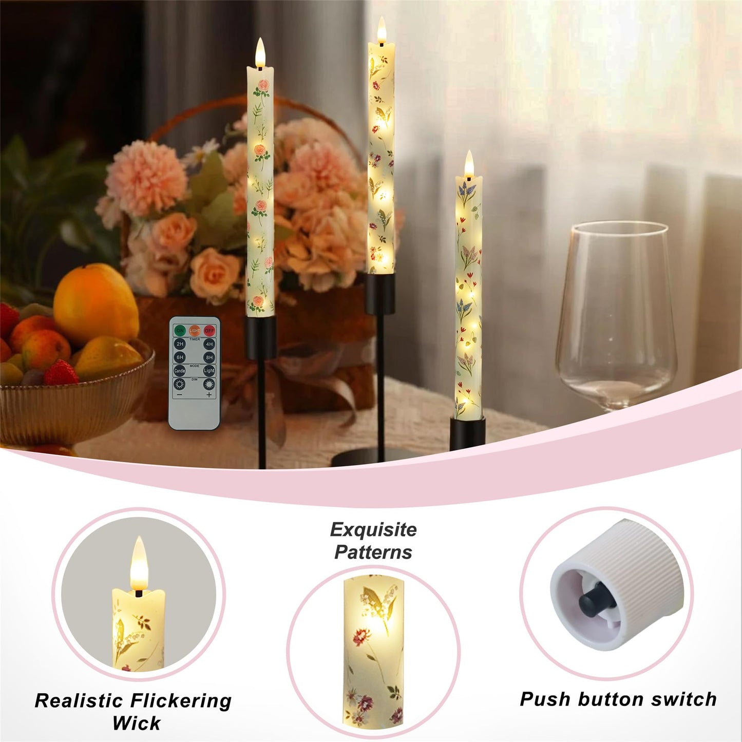 Gedengni Floral Candles Remote Candlesticks-10inches Timer Flickering Battery Operated Candle Chinoiserie LED Taper Candles Lights for Home Wedding Tea Party Windows Decor,3PCS-RFL