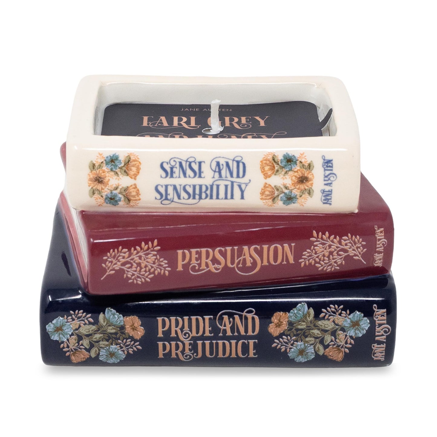 Steel Mill & Co Novelty Shaped Book Theme Scented Candle, Library Stack 6.5 oz Wax Candle with Notes of Earl Gray Tea and Honey, Unique Gift for Book Lovers (Jane Austen)