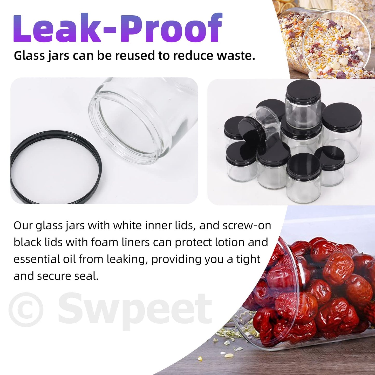 Swpeet 15 Packs 2 oz - 60ML Transparent Glass Jar with Black Lid Assortment Kit, Round Containers Cosmetic Glass Jars with Lids Travel Jars Cosmetic Containers for Cream, Lotion