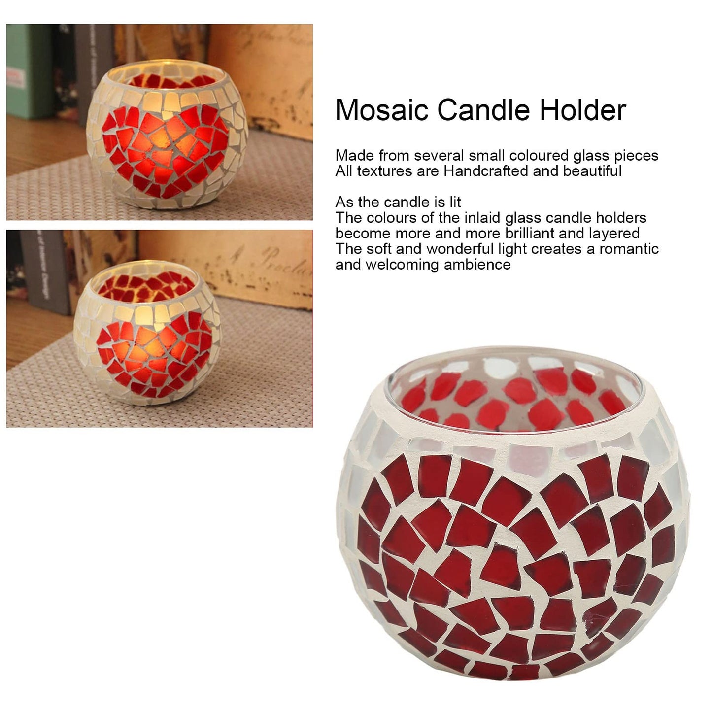 Mosaic Candle Holder, Hundreds of Small Glass Pieces Making Love Heart Pattern Delicate Mosaic Glass Tea Light Candle for Restaurants Bars
