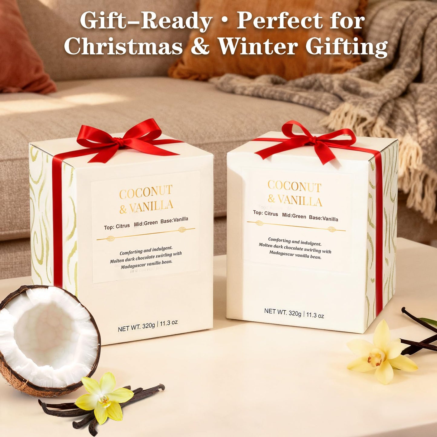 2 Pack Wood Wick Coconut & Vanilla Candle Gift Set – Long Lasting Soy Wax Candles with Gift Boxes, Holiday Aromatherapy Candles for Home Decor & Holiday Gifts