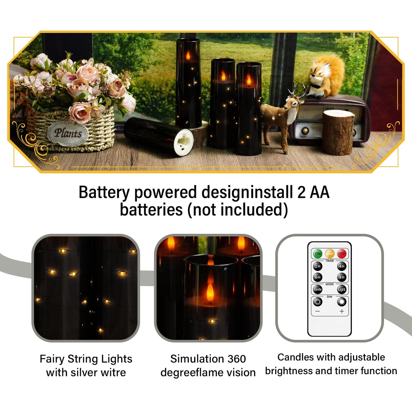 Eebuss Flameless Candles with Embedded Star String, Battery Operated LED Pillar Candles with Timer and Remote Control,Home Decorating for Ambiance， Set of 7(Black)