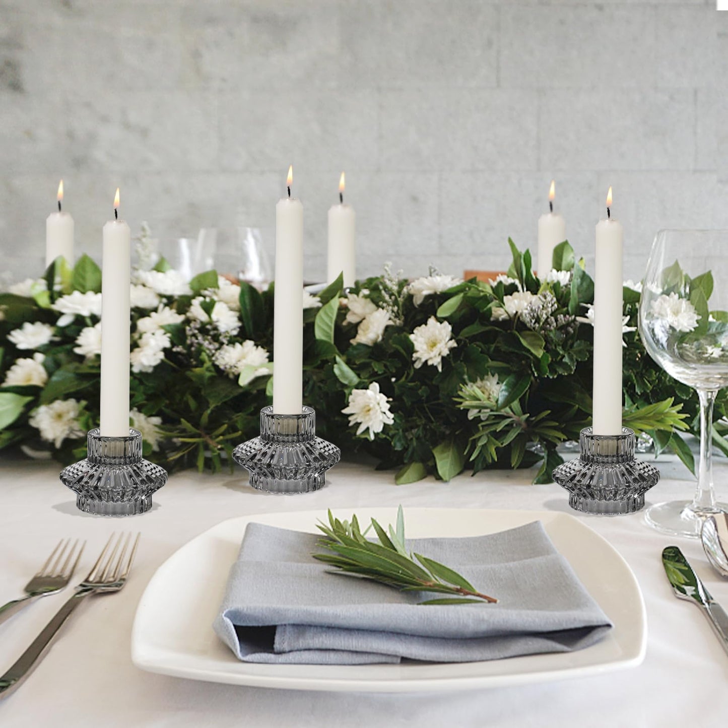 CHOCSTAY Reversible Candlestick Holders Set of 3, Gray Glass Taper and Tealight Candle Holders for Table Centerpiece, Wedding, Party, Home Decor