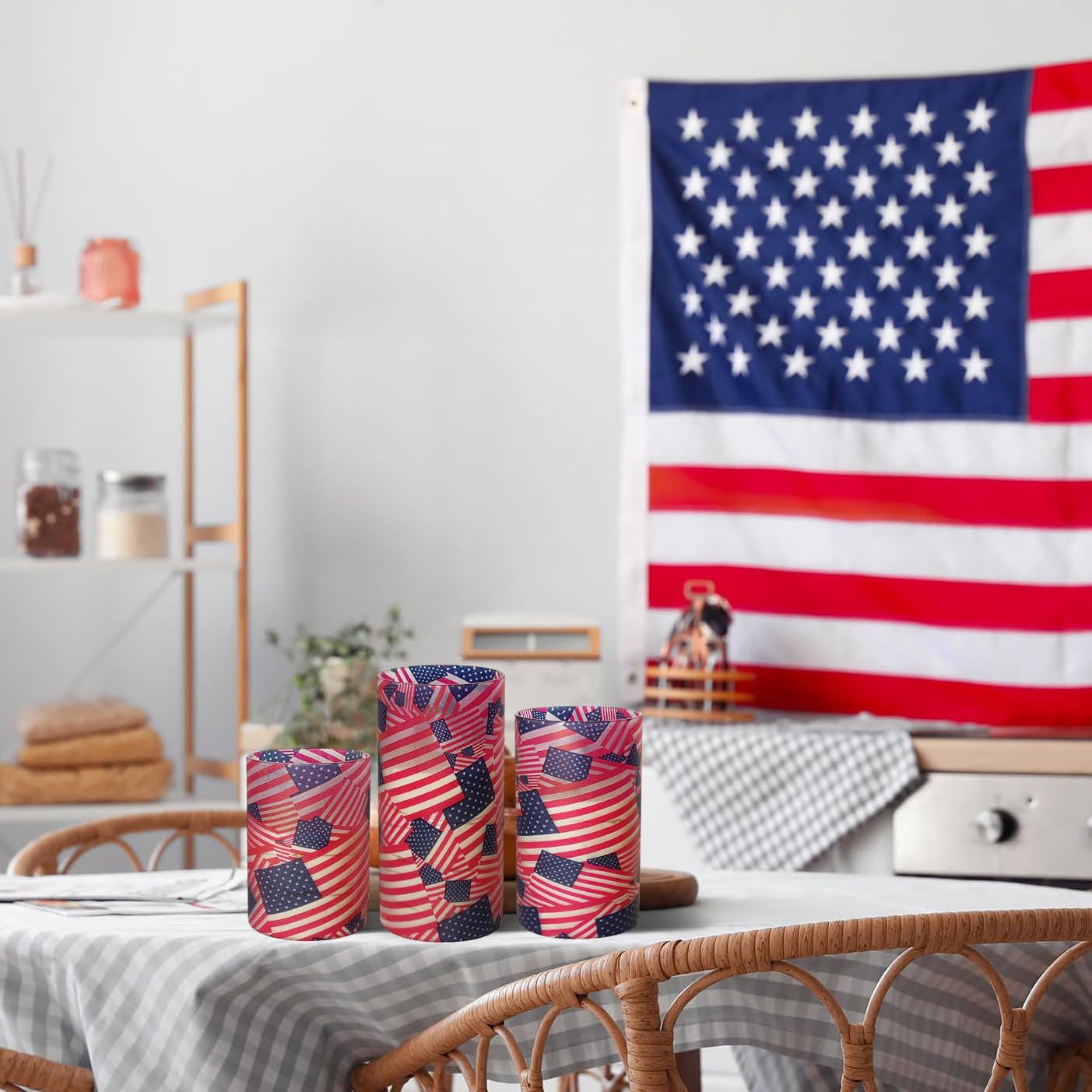 NJAO HOO Flickering Flameless Candles, LED Candles 3D Wick Acrylic Battery Operated LED Pillar Candles with Remote and Timer for Day 4th of July Decor Set of 3(American Flag)
