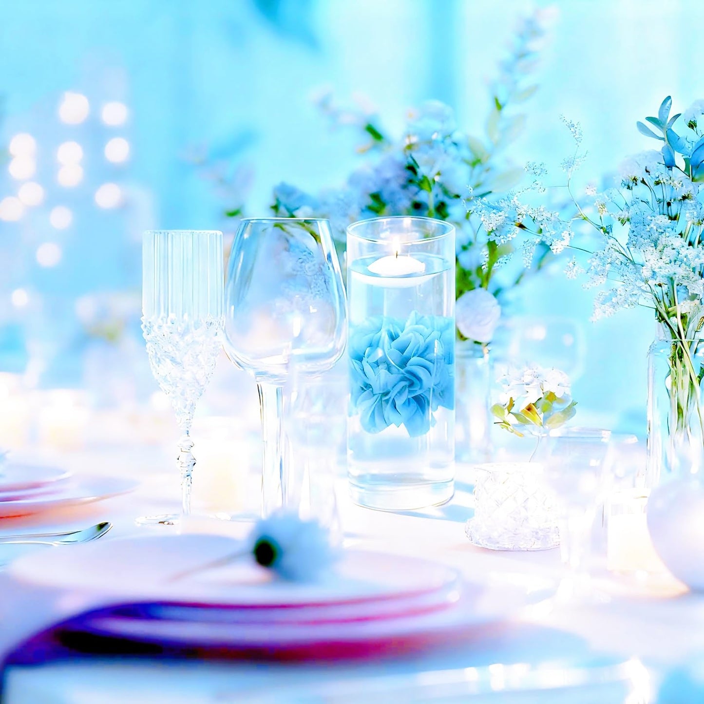 UDU 24 Pcs Floating Candles for Centerpieces and Floating Flowers for Centerpieces Artificial Flower Head for Home Birthday Wedding Party Table Decor Blue