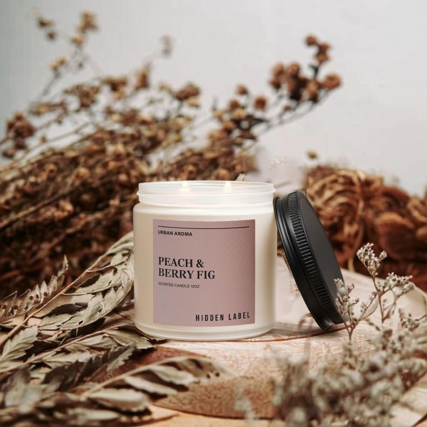 Peach Berry Fig Scented Candle, 12oz Soy Wax Candle with 2 Wicks, 70 Hour Long Lasting Non Toxic Aromatherapy Candle for Home Decor, Stress Relief & Relaxation, White Frosted Glass Jar Candle Gift