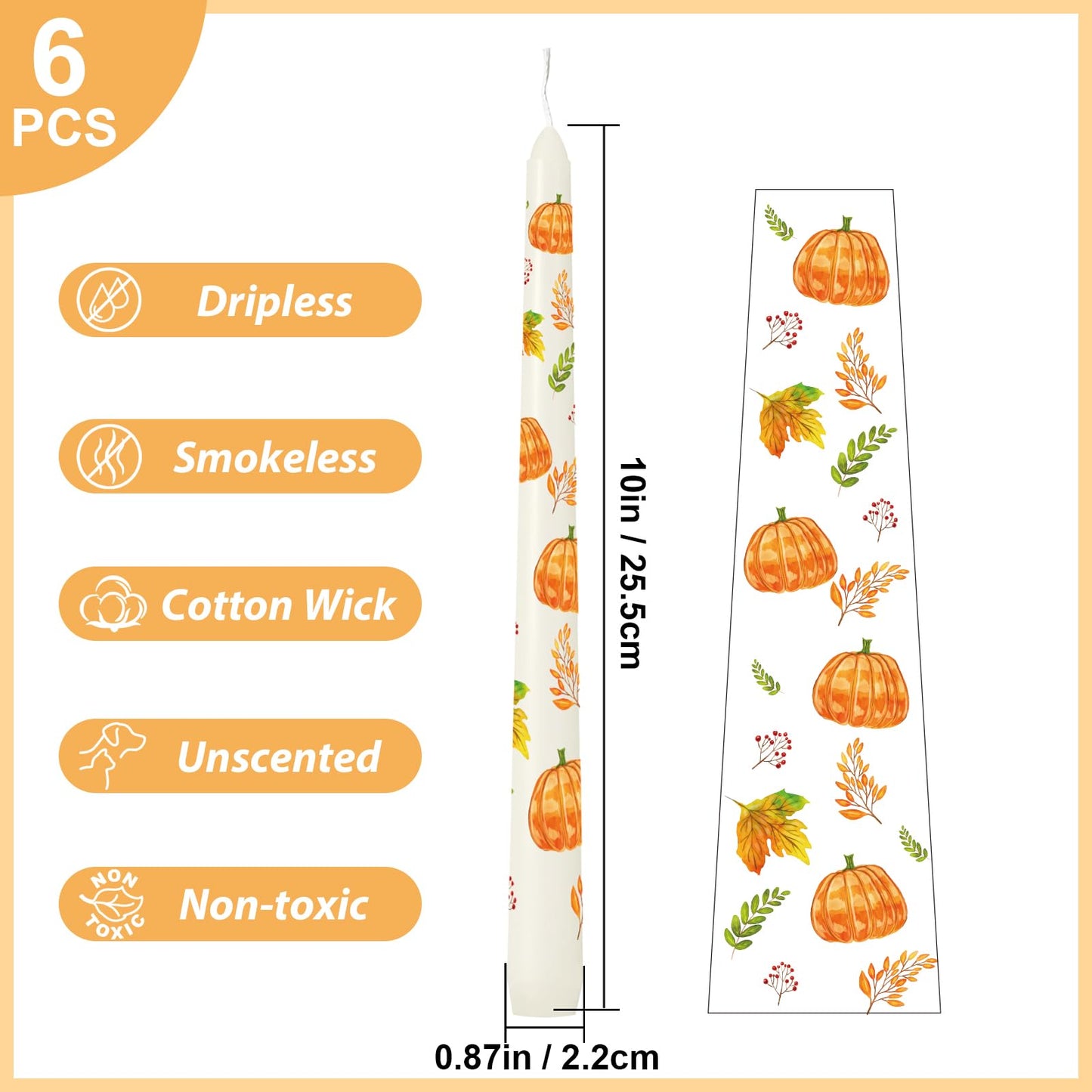 6 Pack Printed Taper Candle Set for Fall Home Decoration, 10 Inch Ivory Candlesticks with Pumpkin and Green Leaves Pattern for Dinner Holiday Seasonal Celebration, Dripless and Smokeless Candle