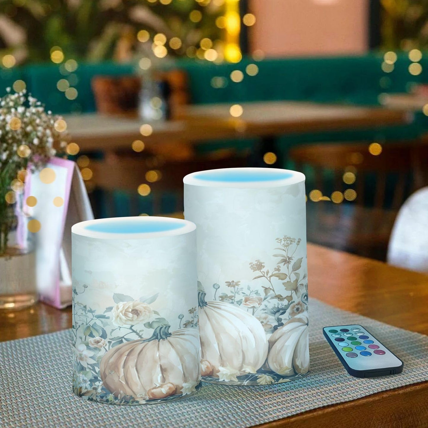ALAZA Autumn Pink Pumpkins Floral Flickering Flameless Candles Battery Operated with Remote Timer,Tea Light Candles LED Pillar Votive Candles Set of 2 for Outdoor Indoor Decorations