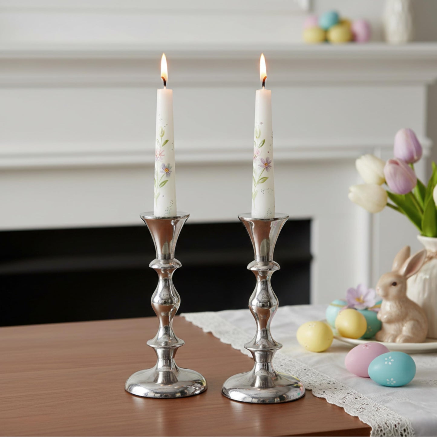 Rely+ Silver Candle Holders Set of 2 Decorative Centerpiece Table Candlesticks Holders for Taper Candles Home Decor Easter Candle Holders for Dinner Party Wedding Decorations