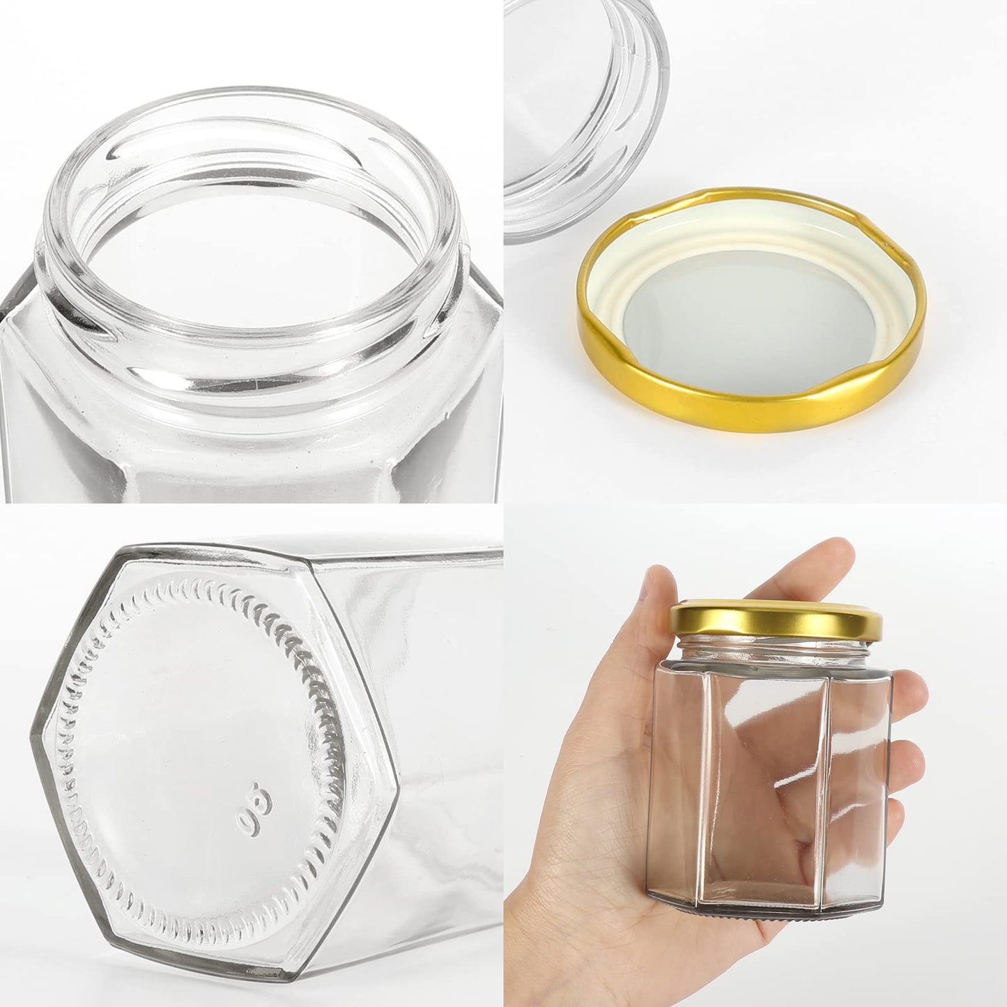 Keketin Hexagonal Glass Jam Jars with Gold Lids 6 oz,30 Pack Glass Canning Jars Food Storage Preserving Jars for Honey,Fruits Salad,Baby Foods,Spices,desserts