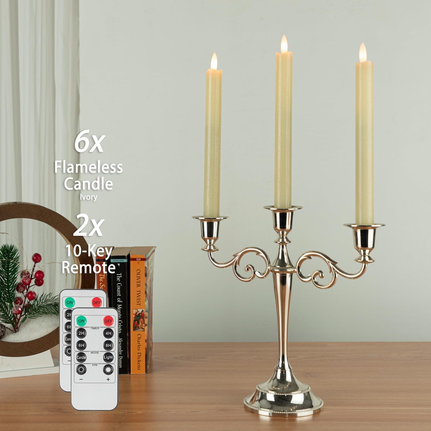AFINETH Flameless Taper Candles with Two Rmote, 9.6" Real Wax Battery Operated Candles with 3D Wick, 6 Pack Led Flickering Candlesticks, Electric Candle for Home, Wedding, Party, Decor, Ivory