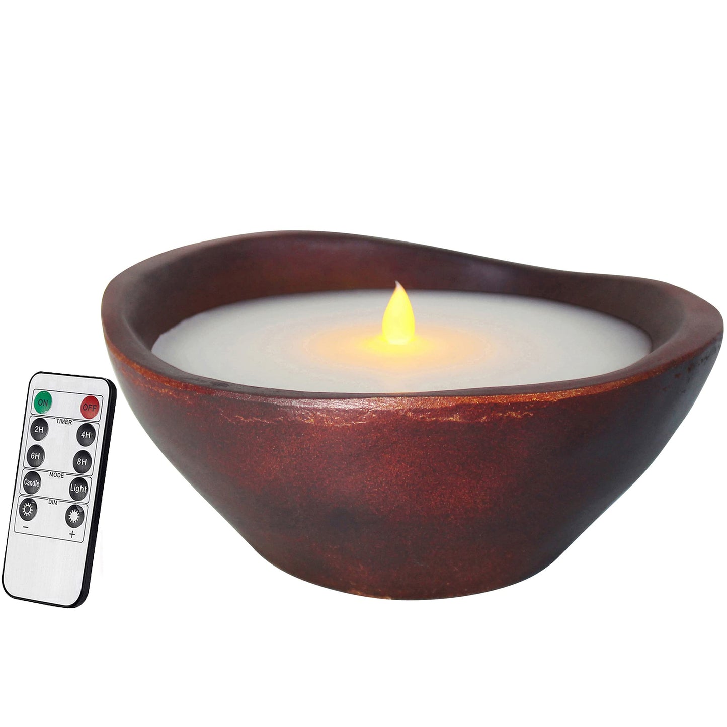 CVHOMEDECO. Farmhouse Wood Bowl Shape Flameless LED Candle, Real Wax in Rustic Treenware Wooden Bowl Flickering Candle Decor with Remote Control, 8.5 x 8.25 Inch Multicolor
