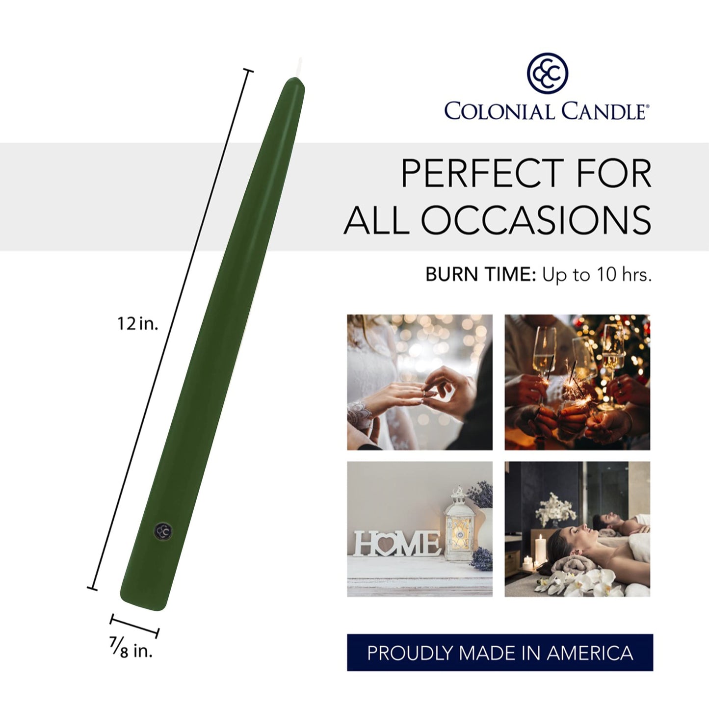 Colonial Candle Unscented Taper Candle, Handipt Collection, Evergreen, 12 in, Pack of 12 - Up to 10 Hours Burn