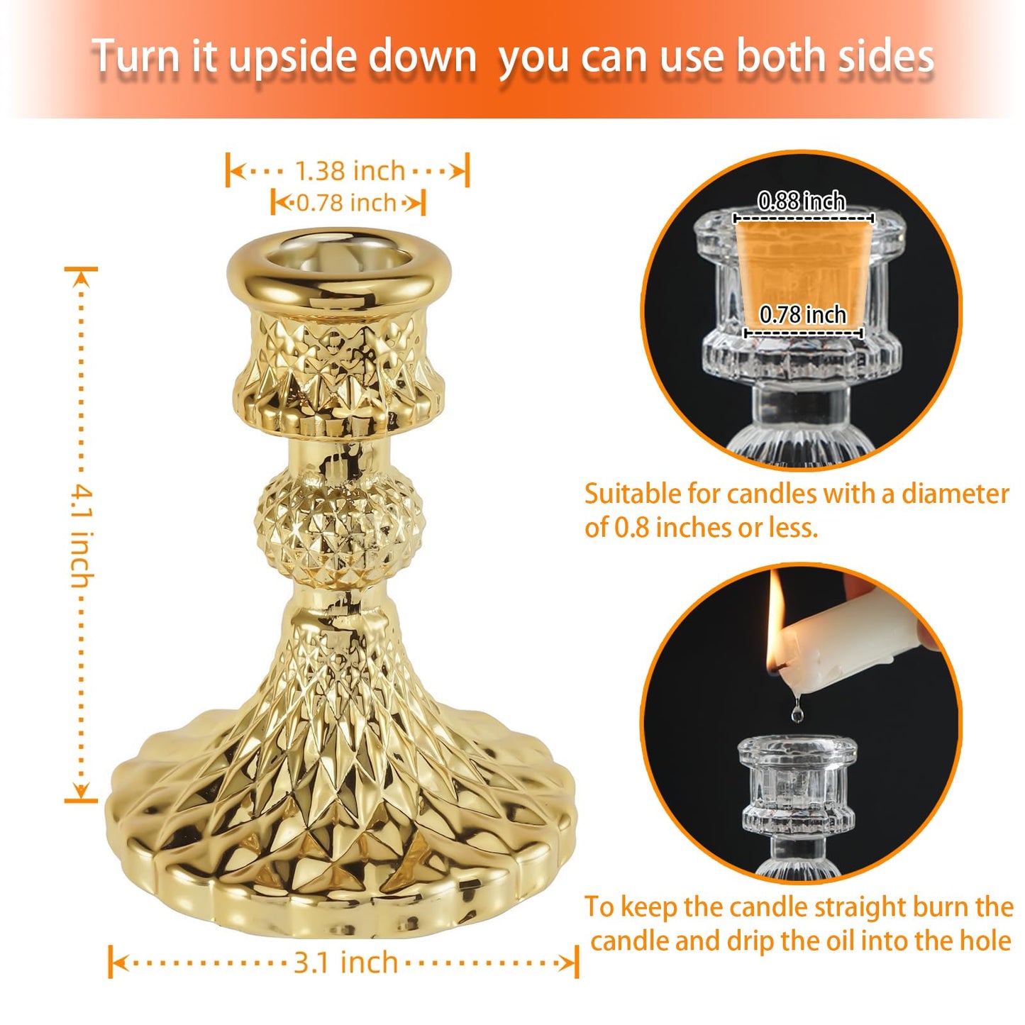 ECHFSM Glass Candlestick Holder,Striped Taper Candle Holders,Set of 6 Candle Stand for Table Centerpieces, Home Decor,Weddings,Festival and Parties (Gold Diamond)