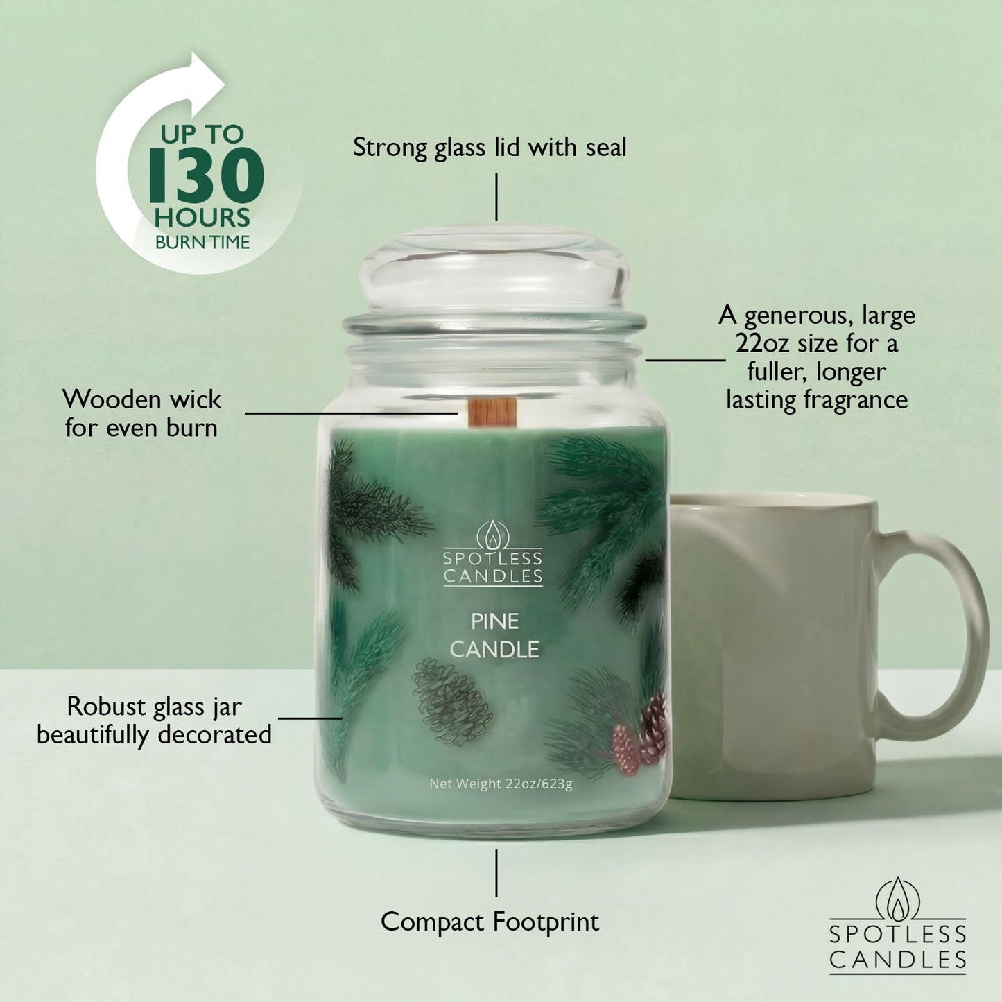 Pine Candle 22oz: 130 Hours Burn Time Hybrid Soy Candles Crackling Wooden Wick, in a Luxury Gift Box in a Protective Shipper by Spotless Candles