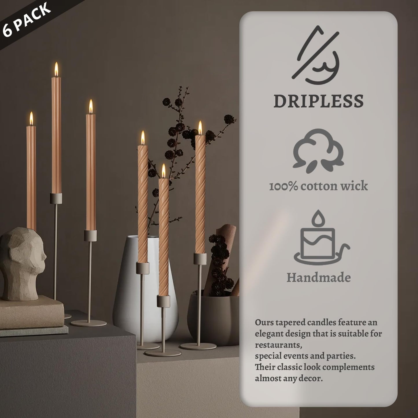 Dripless Unscented Brown Spiral Taper Candles Smokeless Long Lasting Burn 10 Inch Elegant Roman Column Candlesticks for Home Décor Holiday Gift,Set of 6