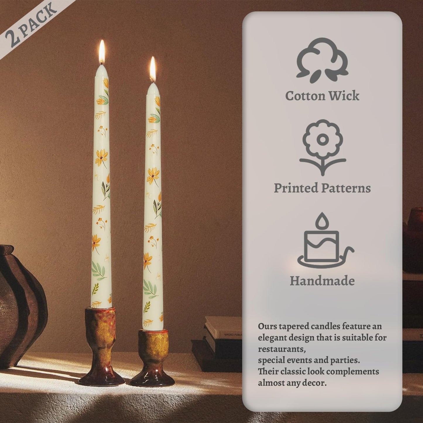 Floral Taper Candles 10 Inch Tall Unscented Handmade Iris Print Long Burning Elegant Candlesticks for Wedding Dinner Home Decor
