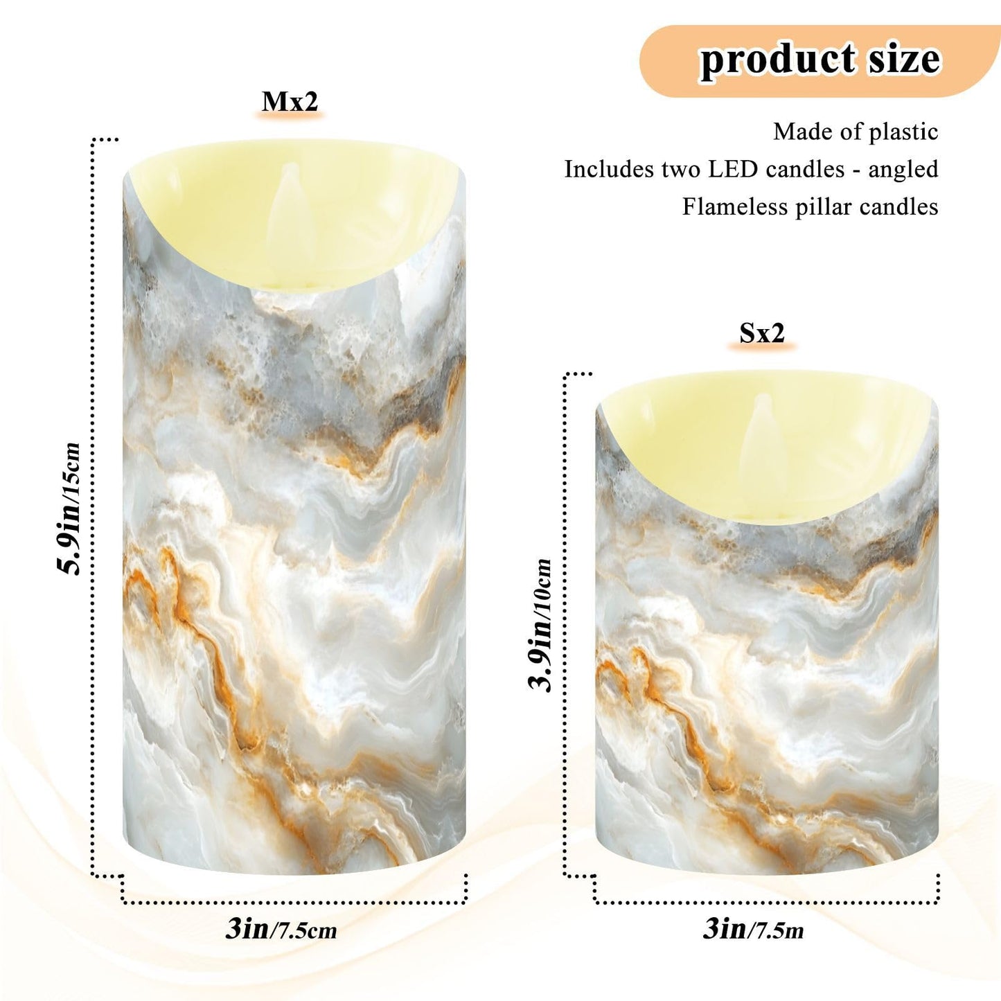 Gravopti White Marble 2 Pack Flameless LED Pillar Candles with Remote & Timer, Battery Operated, Flickering Wax Candle for Wedding, Romantic Home & Party Decor