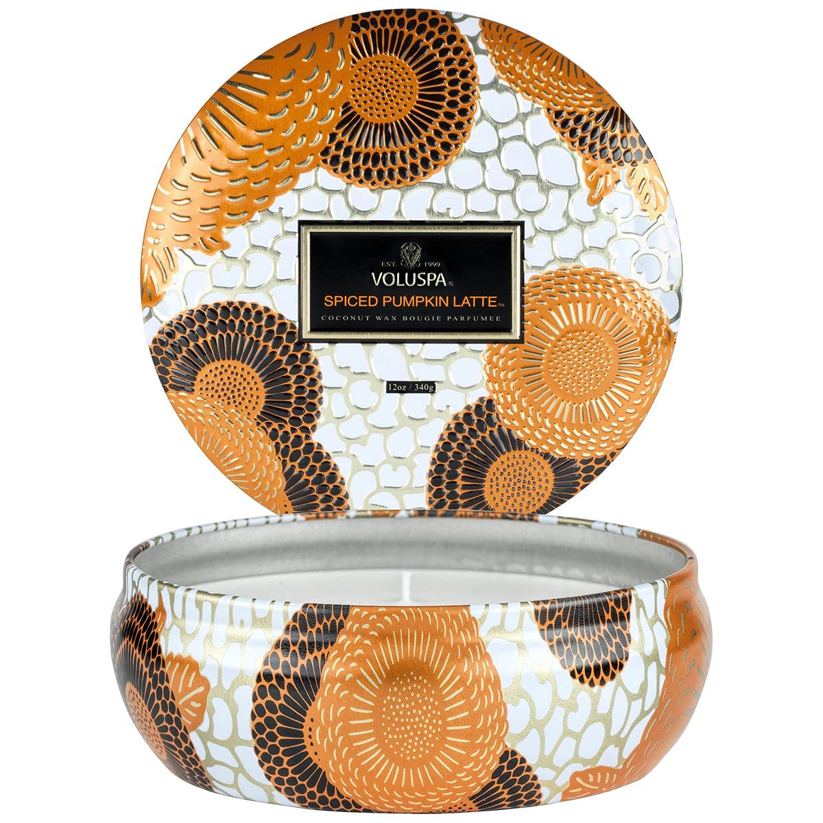 Voluspa Spiced Pumpkin Latte, 3 Wick Tin Candle, 12 Ounce, 40 Hour Burn Time, Coconut Wax for Clean Burning, Handcrafted in the USA