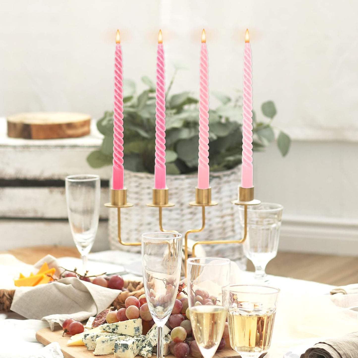 Whaline 8 Pcs 10 Inch Gradient Pink Spiral Taper Candles Dripless Twisted Wax Candles Long Unscented Candle Sticks for Valentine's Day Wedding Party Home Dining Table Decor