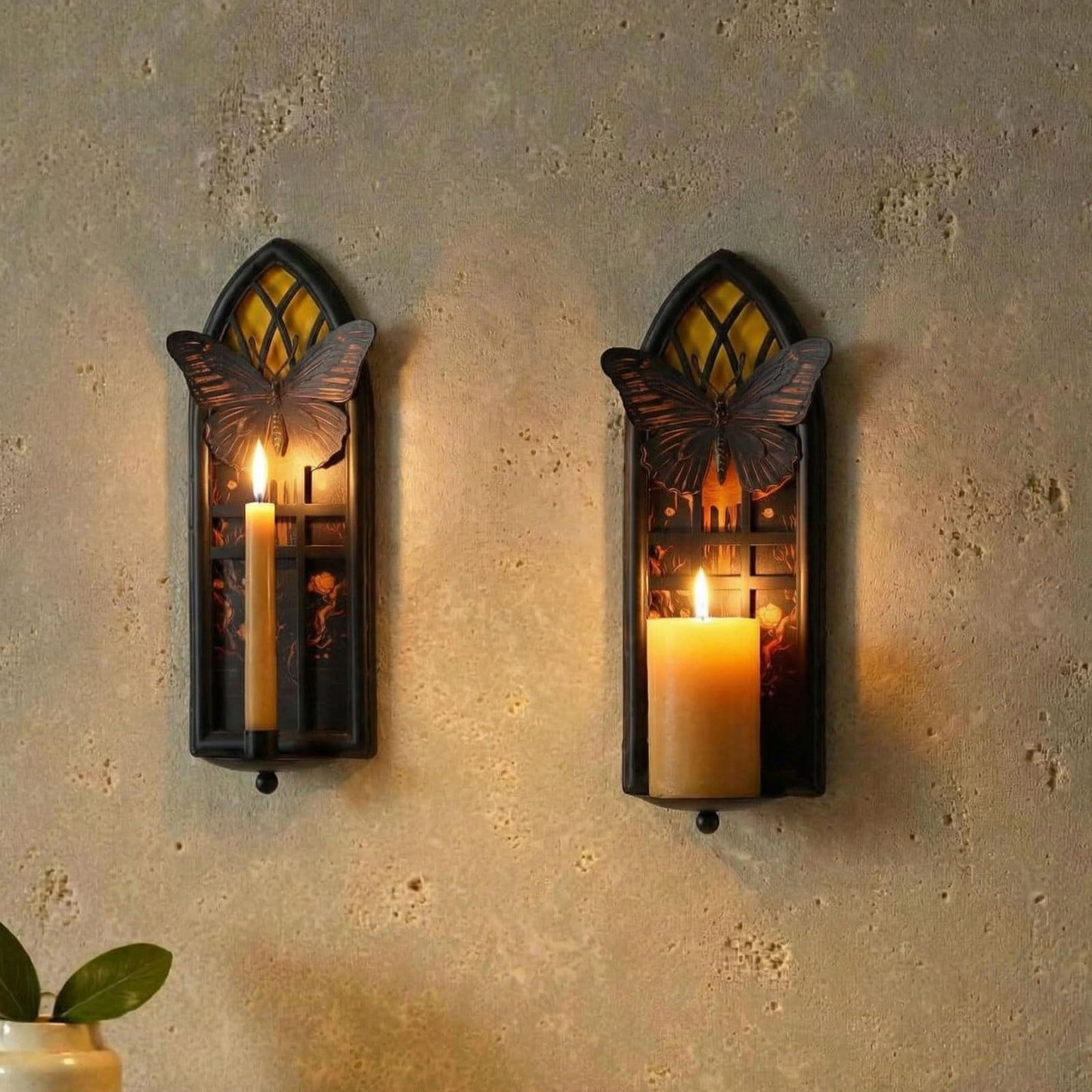AimtoHome Gothic Wall Candle Sconces Set of 2, Butterfly and Moon Iron Wall Mounted Candelabra Holder with Removable Trays for Taper & Pillar Candles, Romantic Garden & Boho Home Decor