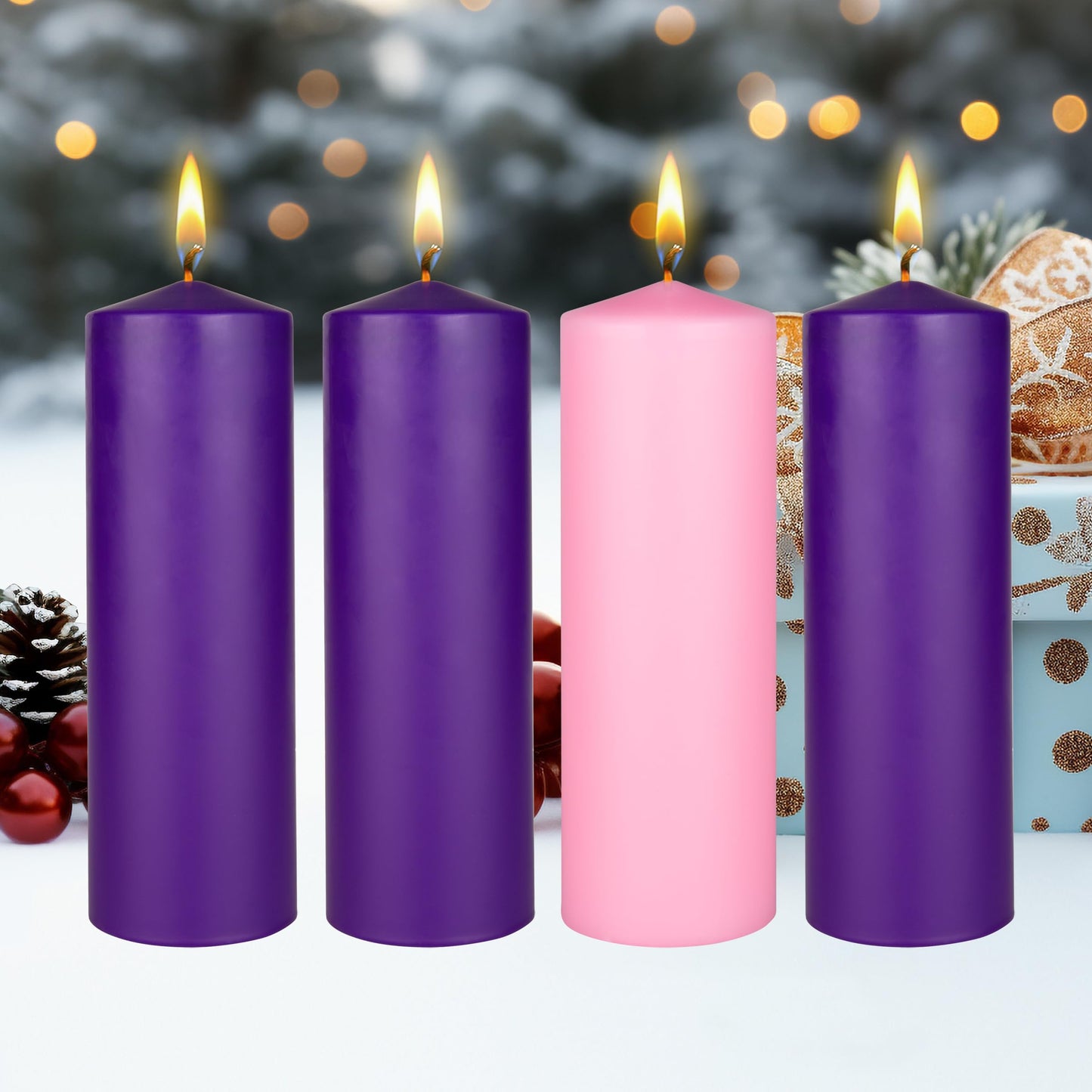 Mega Candles 4 pcs Unscented Christmas Advent Candles Set, Hand Poured Premium Wax Dome Top Round Pillar Candle 3 Inch x 9 Inch, Holidays, Festivities, Devotional, Church, Wreath, Party, Gifts