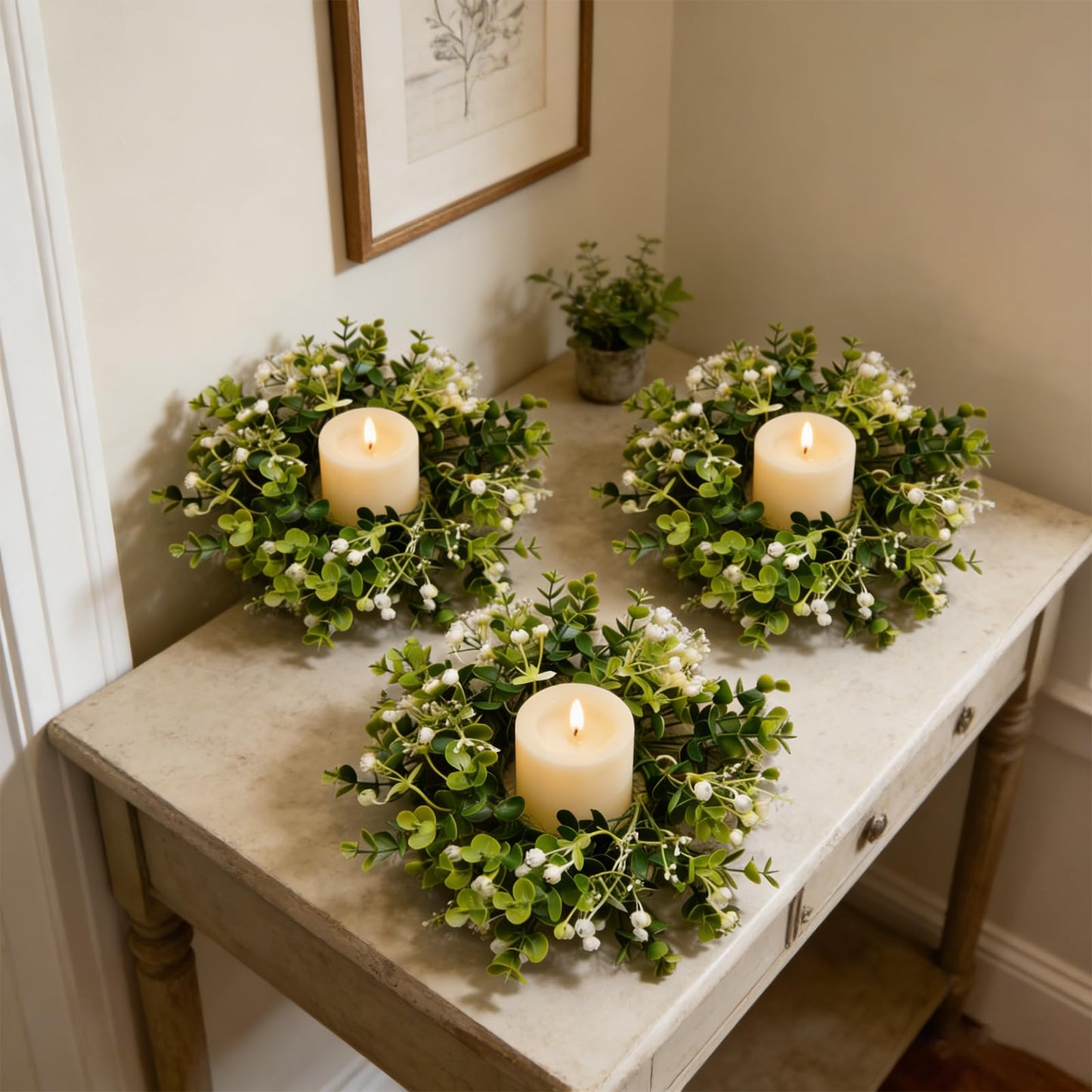 6 Pcs Small Spring Summer Candle Ring Wreaths with Artificial Eucalyptus Greenery White Buds Mini Pillar Candle Holder Wreath for Home Kitchen Cabinets Table Centerpieces Front Door Wedding Decor