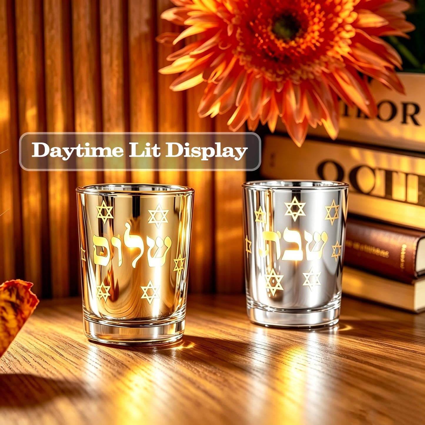 ZIVOSELY Set of 2 Glass Shabbat Candle Holders, Thickened Heat-Resistant Electroplated Glass Tea Light Holders for Jewish Judaica Sabbath Hanukkah Gifts, Gold & Silver