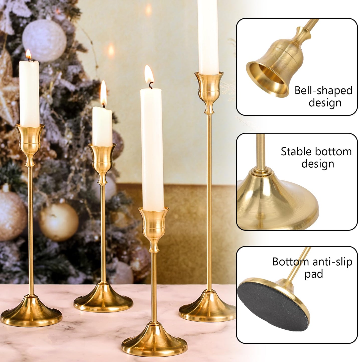 Sunnyfuture Candlestick Holders, 4PCS Taper Candle Holder for Candlesticks, Gold Candle Holders for Table Centerpiece, Wedding, Party