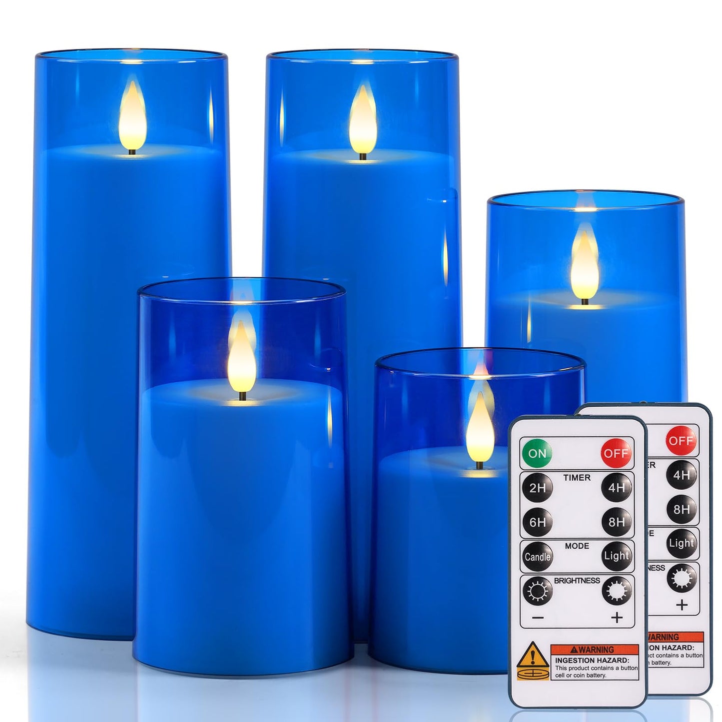 Raycare Independence Day Flameless Candles Battery Operated with Remote Timer, Acrylic Flickering LED Pillar Candle for 4th of July Home Patriotic Decor, Gift for Family and Friend, Blue, Set of 5