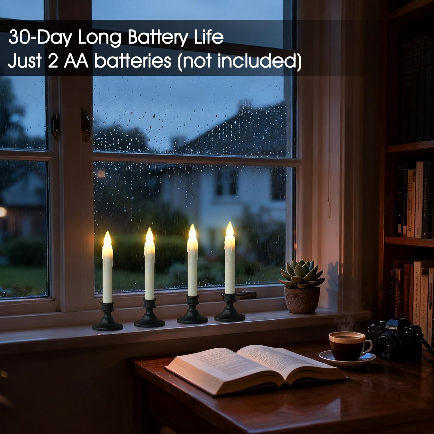 FREEPOWER Battery Operated LED Window Candles with Dusk to Dawn Sensor, Ivory Flameless Flickering Candlesticks with Suction Cups & Removable Black Base for Christmas Home Decor (6PCS)