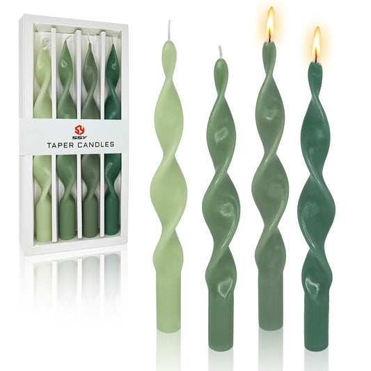 10 Inches Spiral Taper Candles Colorful Twisted Candle Dripless Long Candles, Handmade Candlesticks for Wedding Dinner Decor, Set of 4(Gradient Green)