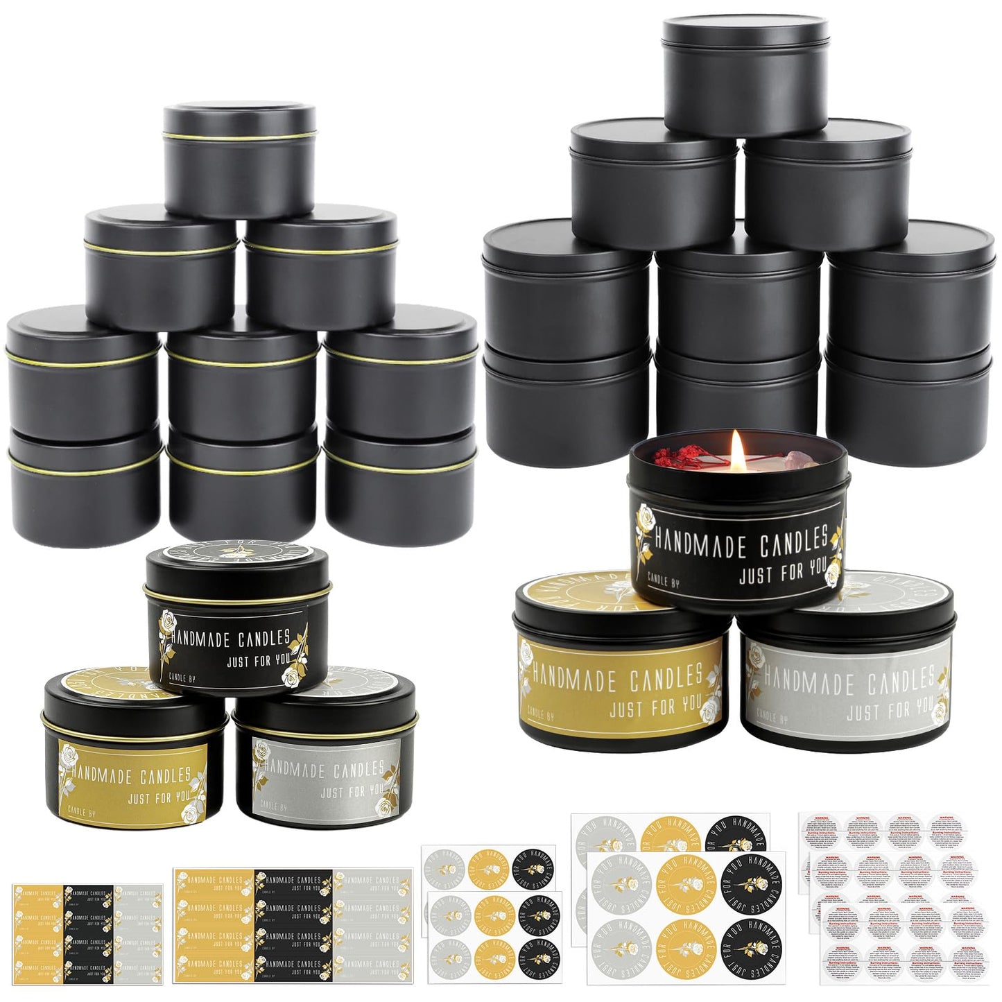 CONNOO 24 Pack Candle Tins - 12pcs 8oz + 12pcs 4oz Matte Black Candle Jars with Lids for Making Candles, Bulk Empty Candle Containers with Sticky Warning Labels for Candle Making, Storage, and Gift
